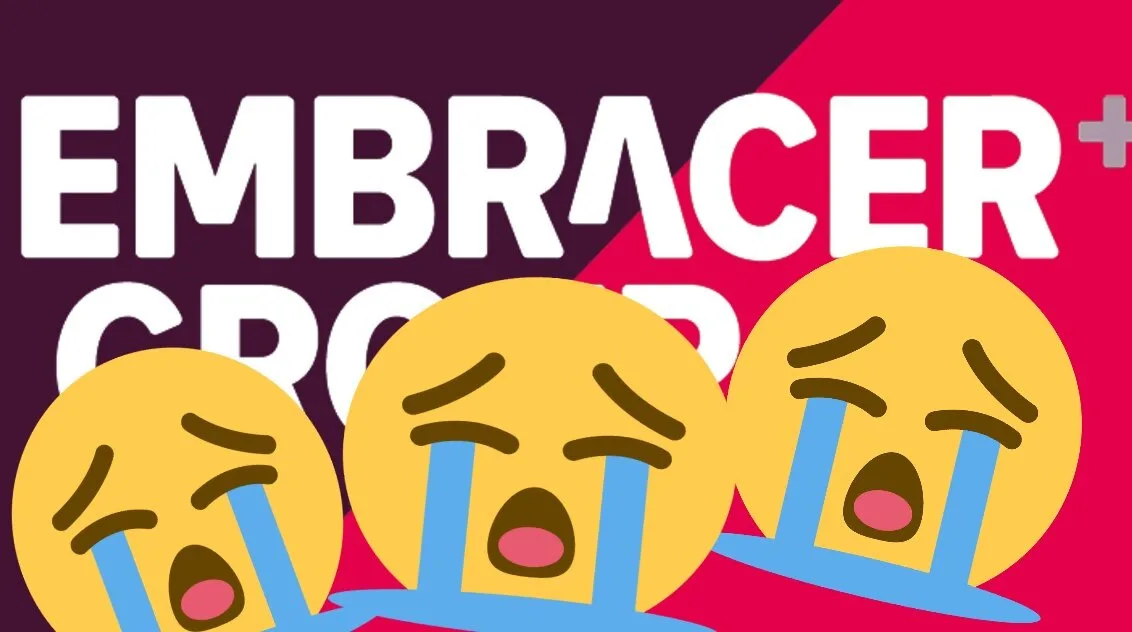 Embracer group logo with crying emojis