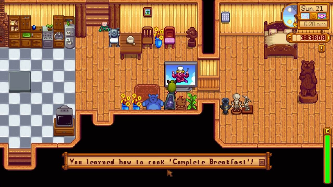 Stardew Valley screenshot saying 'You learned how to cook complete breakfast'.