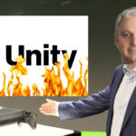 Doctored image of Don Mattrick presenting the Xbox One, instead showing John Riccitello pointing to burning Unity logo