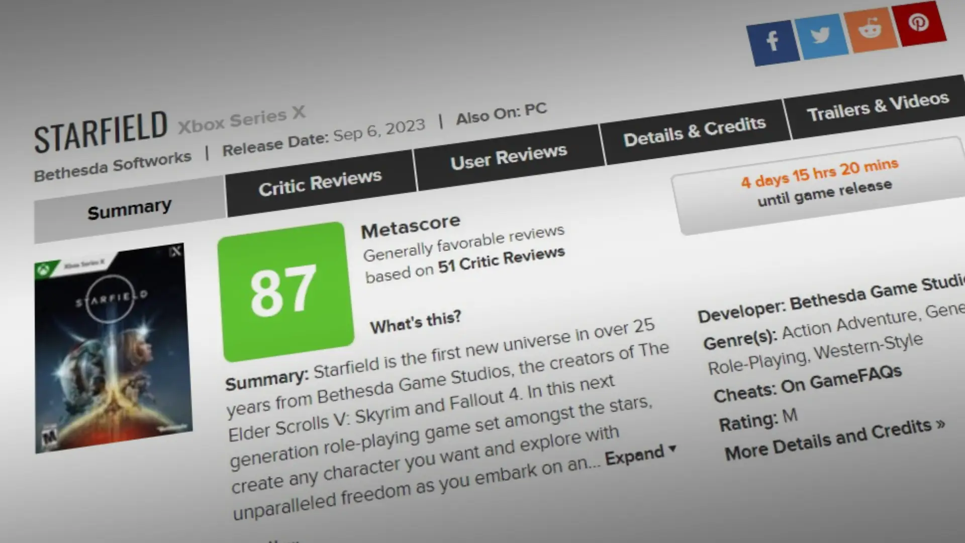 The Starfield Metacritic scores are in, and it's looking very good